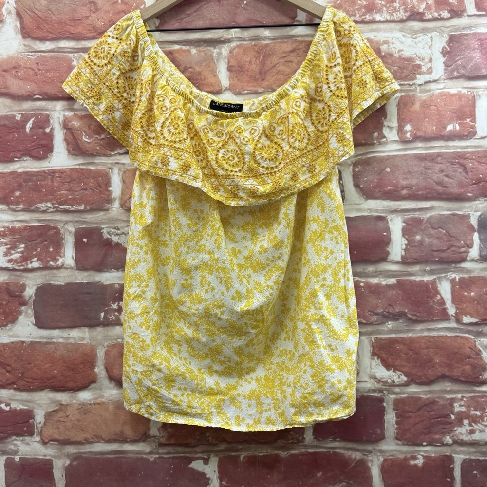 Lane Bryant Top Women's 14/16 Yellow White Boho Floral Embroidered Eyelet Shirt